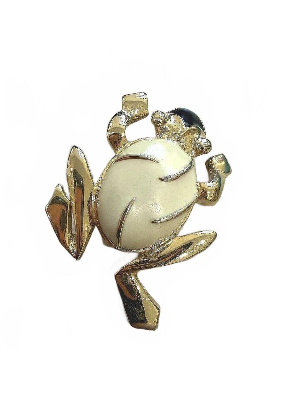 Vintage Gold Tone Frog Brooch Pin with Cream and Black Enamel